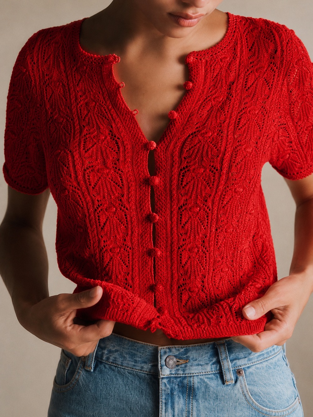 Sezane Milane Red Short-Sleeve Knit Button-Up Top Size M - Picture 4 of 11